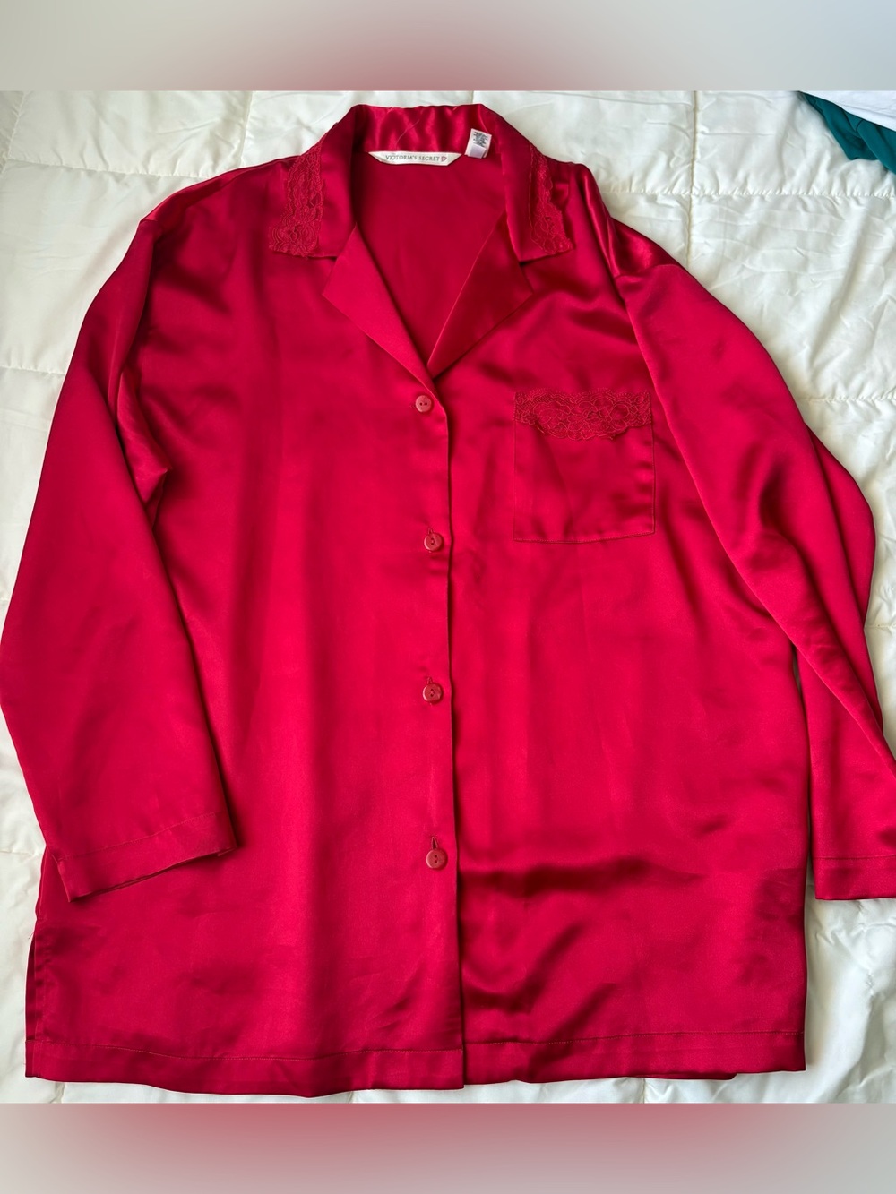 Victoria's Secret Bright Red Satin Lace-Trim Pajama Shirt/Dress
